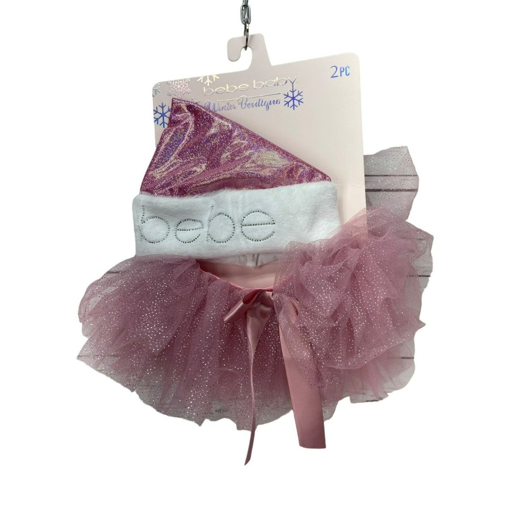 BEBE Baby Girls Sparkly Pink Silver Santa Hat & TuTu NWT Baby First‎ Christmas